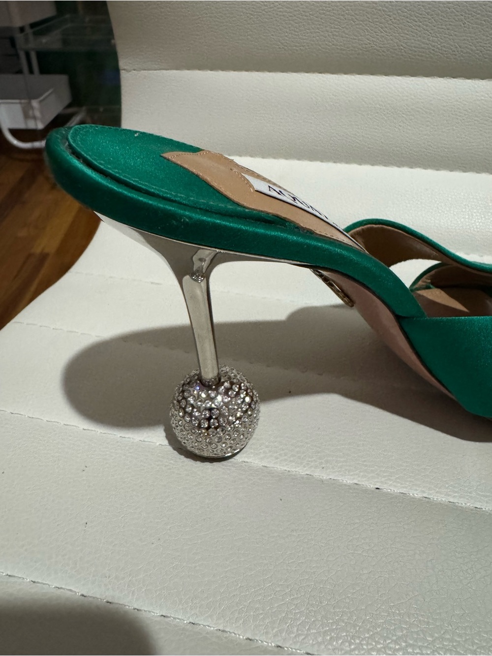 Aquazzura Yes Darling Embellished-heel Satin Mules In Emerald - Picture 4 of 6